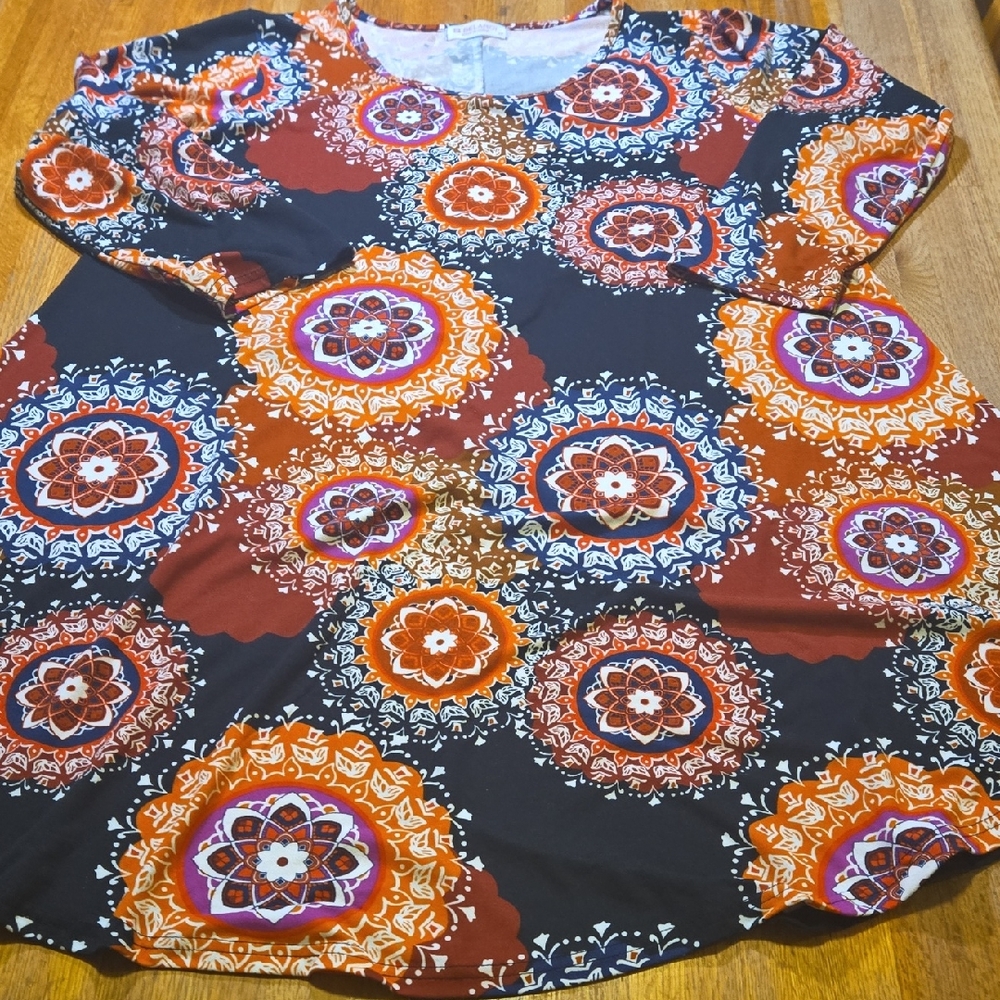 Belaroi Women‎ 2XL Bohemian Floral Print Long Sleeve Lose Flare Midi Dress